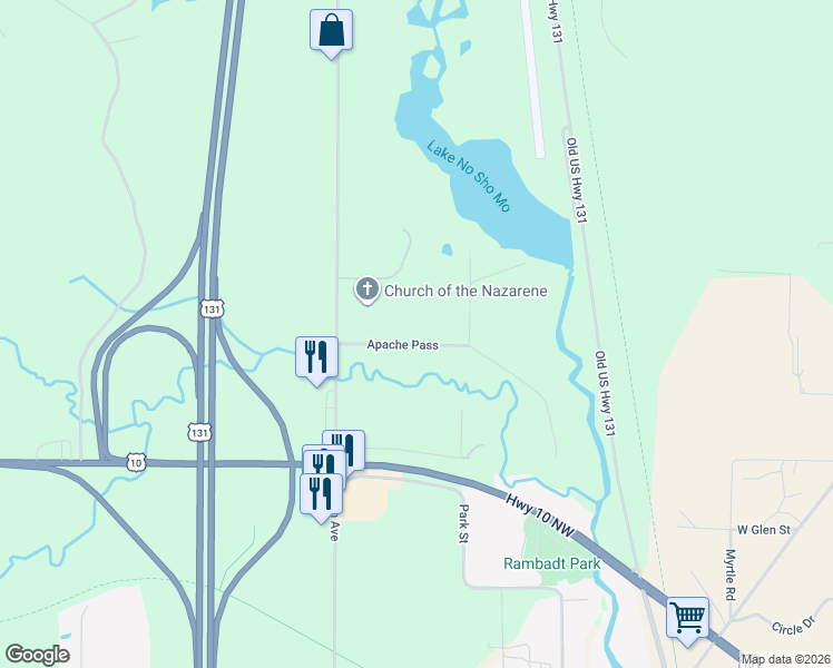 map of restaurants, bars, coffee shops, grocery stores, and more near 21924 Apache Pass in Reed City