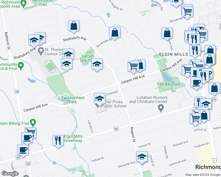 map of restaurants, bars, coffee shops, grocery stores, and more near 135 Canyon Hill Avenue in Richmond Hill
