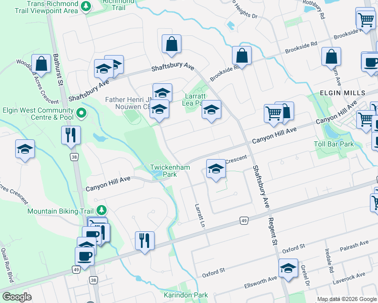 map of restaurants, bars, coffee shops, grocery stores, and more near 19 Desert View Crescent in Richmond Hill