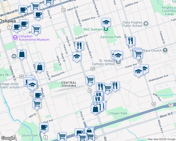 map of restaurants, bars, coffee shops, grocery stores, and more near Olive Avenue in Oshawa