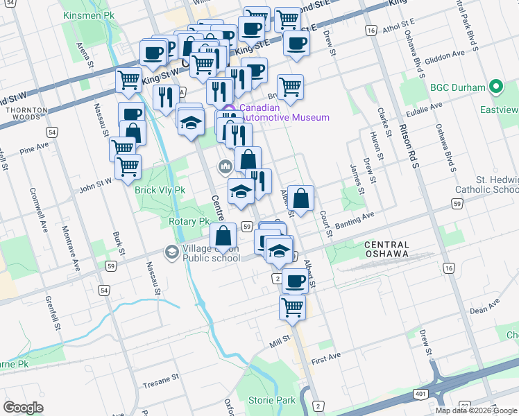 map of restaurants, bars, coffee shops, grocery stores, and more near 228 Simcoe Street South in Oshawa