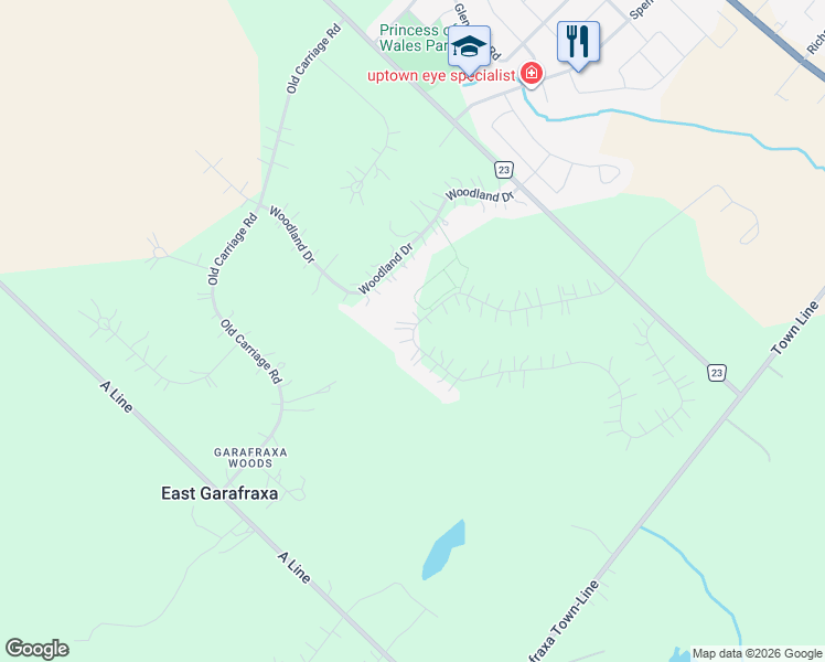 map of restaurants, bars, coffee shops, grocery stores, and more near 23 Brookhaven Crescent in East Garafraxa