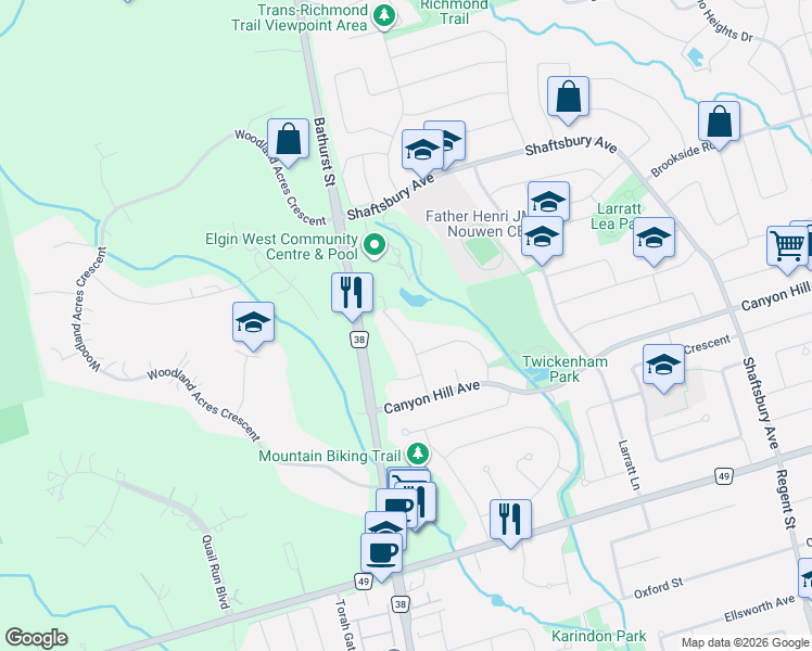 map of restaurants, bars, coffee shops, grocery stores, and more near 45 Abilene Court in Richmond Hill
