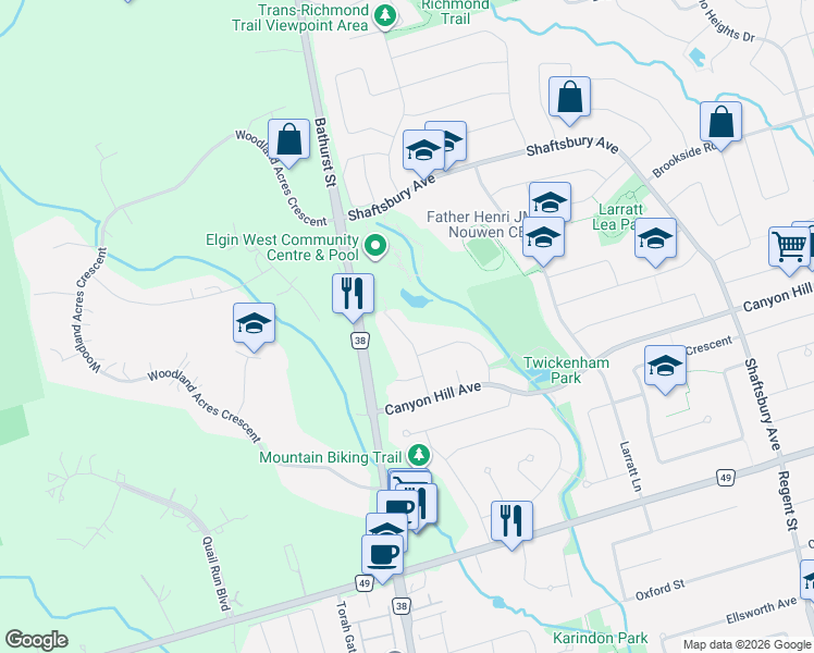 map of restaurants, bars, coffee shops, grocery stores, and more near 45 Abilene Court in Richmond Hill