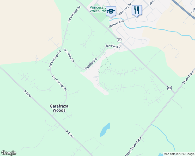 map of restaurants, bars, coffee shops, grocery stores, and more near 25 Brookhaven Crescent in Dufferin County