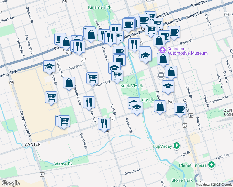 map of restaurants, bars, coffee shops, grocery stores, and more near 168 Nassau Street in Oshawa