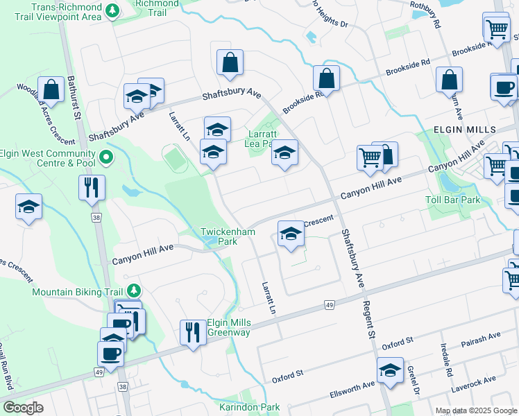 map of restaurants, bars, coffee shops, grocery stores, and more near 25 Desert View Crescent in Richmond Hill