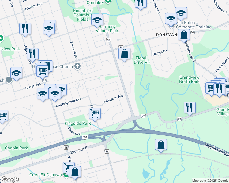 map of restaurants, bars, coffee shops, grocery stores, and more near 775 Shelley Avenue in Oshawa