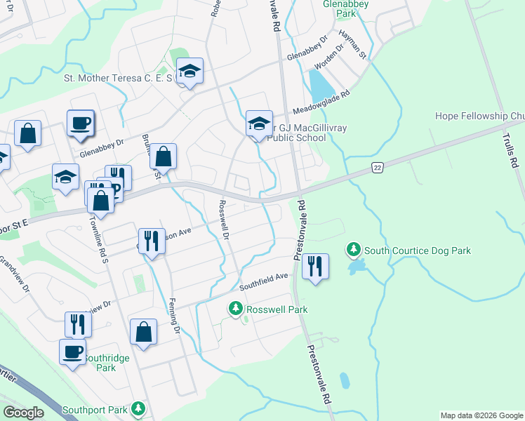 map of restaurants, bars, coffee shops, grocery stores, and more near 164 Dewell Crescent in Courtice
