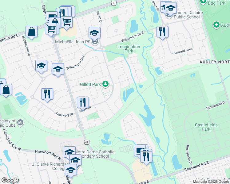 map of restaurants, bars, coffee shops, grocery stores, and more near 69 Gillett Drive in Ajax