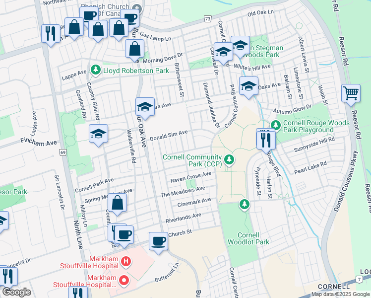 map of restaurants, bars, coffee shops, grocery stores, and more near 61 Disk Drive in Markham