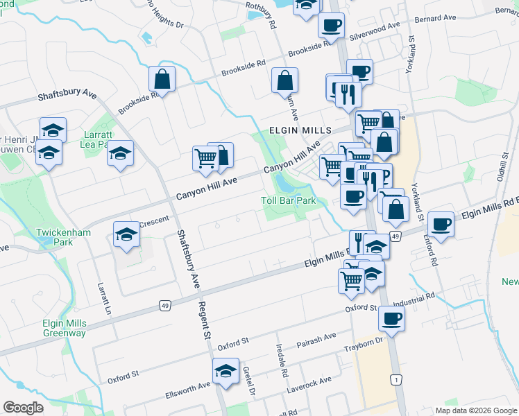 map of restaurants, bars, coffee shops, grocery stores, and more near 62 Pickett Crescent in Richmond Hill