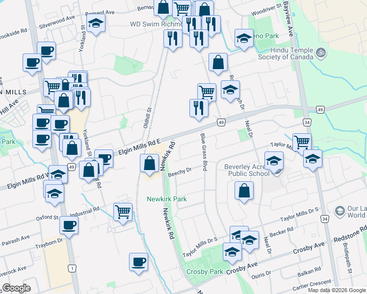 map of restaurants, bars, coffee shops, grocery stores, and more near 222 Elka Drive in Richmond Hill