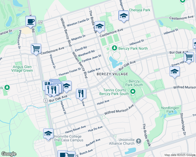 map of restaurants, bars, coffee shops, grocery stores, and more near 51 Crawford Street in Markham