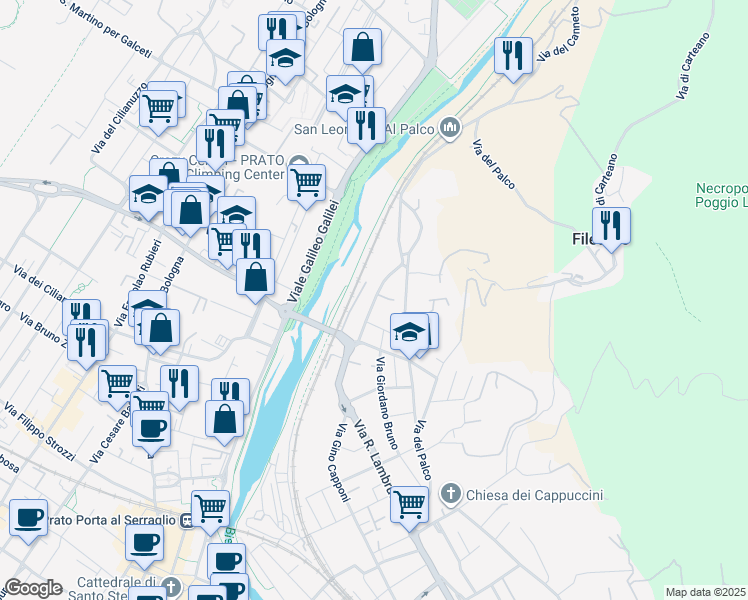 map of restaurants, bars, coffee shops, grocery stores, and more near 46 Via Giovanni Miniati in Prato