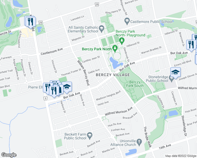 map of restaurants, bars, coffee shops, grocery stores, and more near in Markham