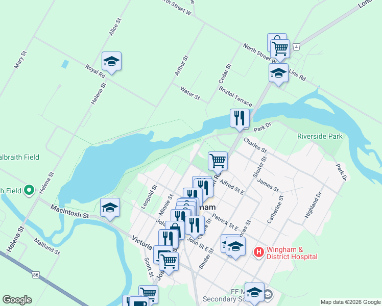 map of restaurants, bars, coffee shops, grocery stores, and more near 414 Minnie Street in Wingham