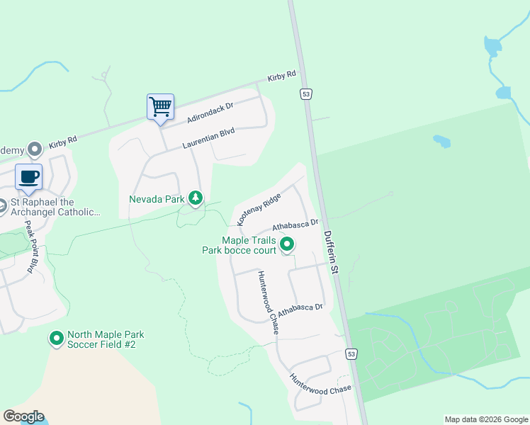 map of restaurants, bars, coffee shops, grocery stores, and more near 77 Kootenay Ridge in Vaughan
