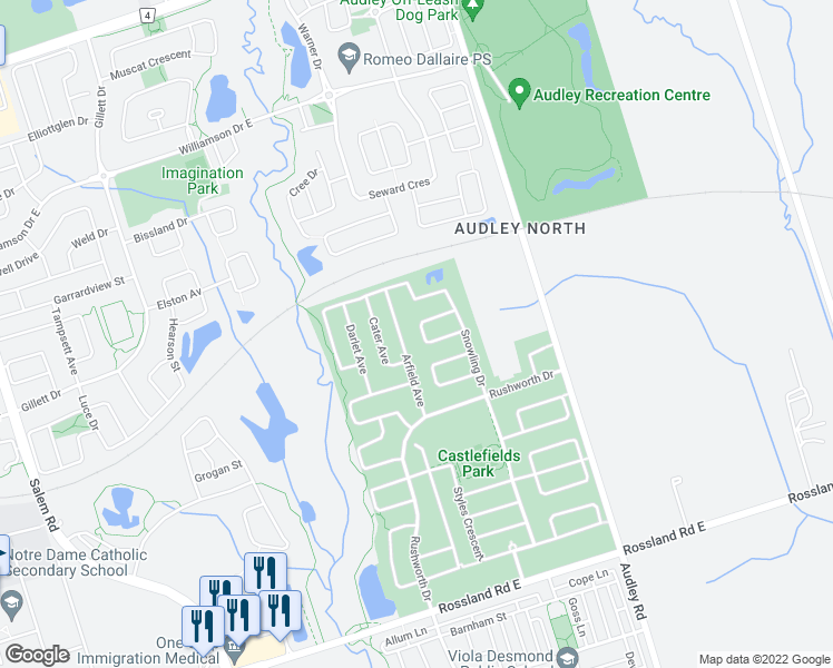 map of restaurants, bars, coffee shops, grocery stores, and more near 25 Brider Crescent in Ajax