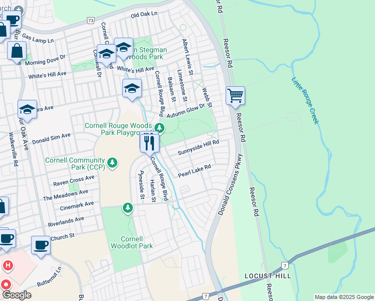 map of restaurants, bars, coffee shops, grocery stores, and more near Sunnyside Hill Road in Markham