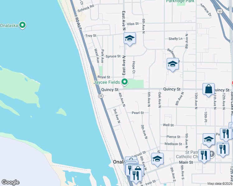 map of restaurants, bars, coffee shops, grocery stores, and more near 310 Quincy Street in Onalaska