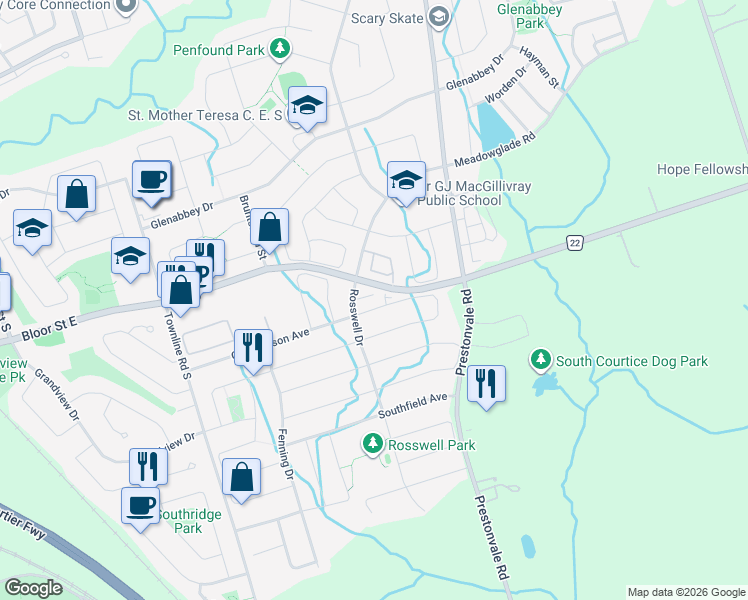 map of restaurants, bars, coffee shops, grocery stores, and more near 15 Rosswell Drive in Clarington