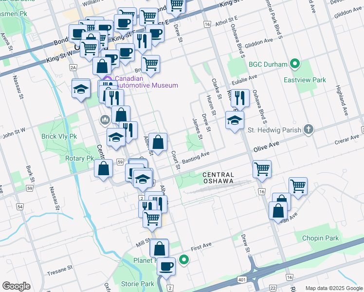 map of restaurants, bars, coffee shops, grocery stores, and more near 127 Summer Street in Oshawa