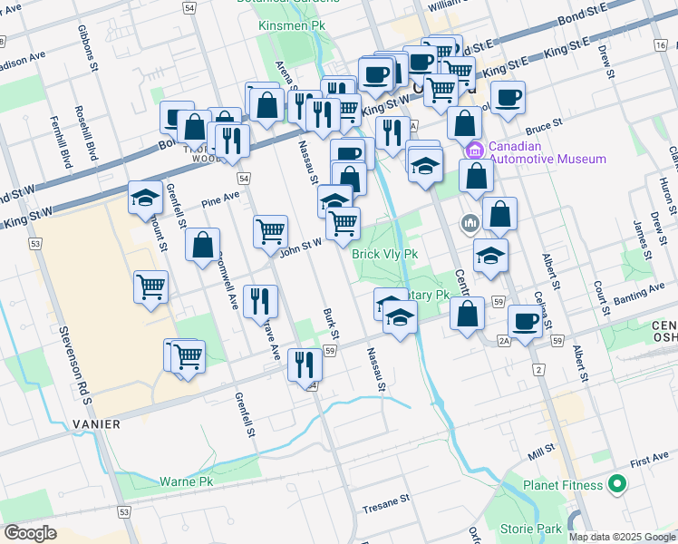 map of restaurants, bars, coffee shops, grocery stores, and more near 168 Nassau Street in Oshawa