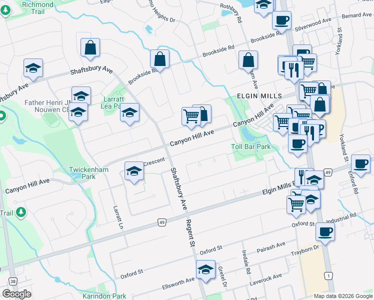 map of restaurants, bars, coffee shops, grocery stores, and more near 73 Gracedale Drive in Richmond Hill
