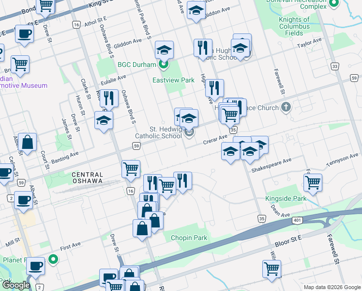 map of restaurants, bars, coffee shops, grocery stores, and more near 374 Central Park Boulevard South in Oshawa