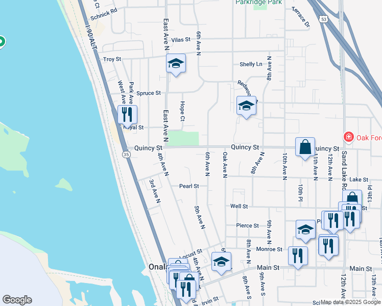 map of restaurants, bars, coffee shops, grocery stores, and more near 510 Quincy Street in Onalaska