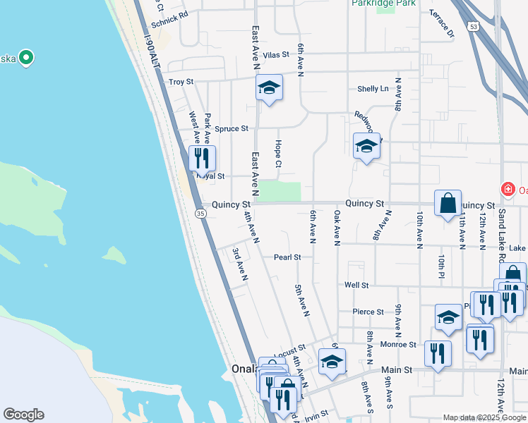 map of restaurants, bars, coffee shops, grocery stores, and more near 408 Quincy Street in Onalaska