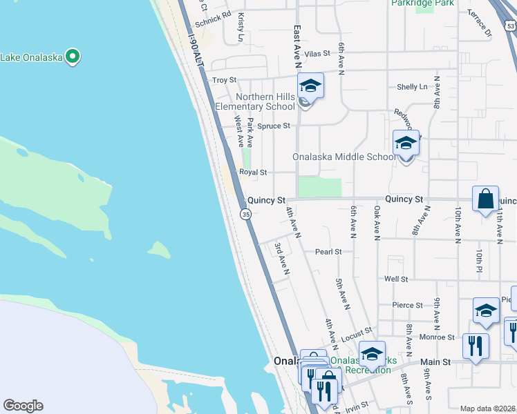 map of restaurants, bars, coffee shops, grocery stores, and more near 210 Quincy Street in Onalaska