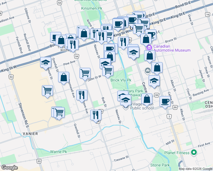 map of restaurants, bars, coffee shops, grocery stores, and more near 176 Nassau Street in Oshawa