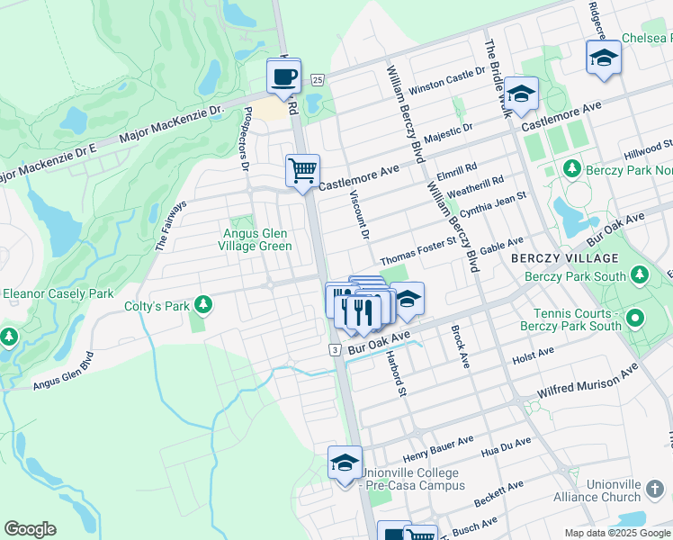 map of restaurants, bars, coffee shops, grocery stores, and more near in Markham