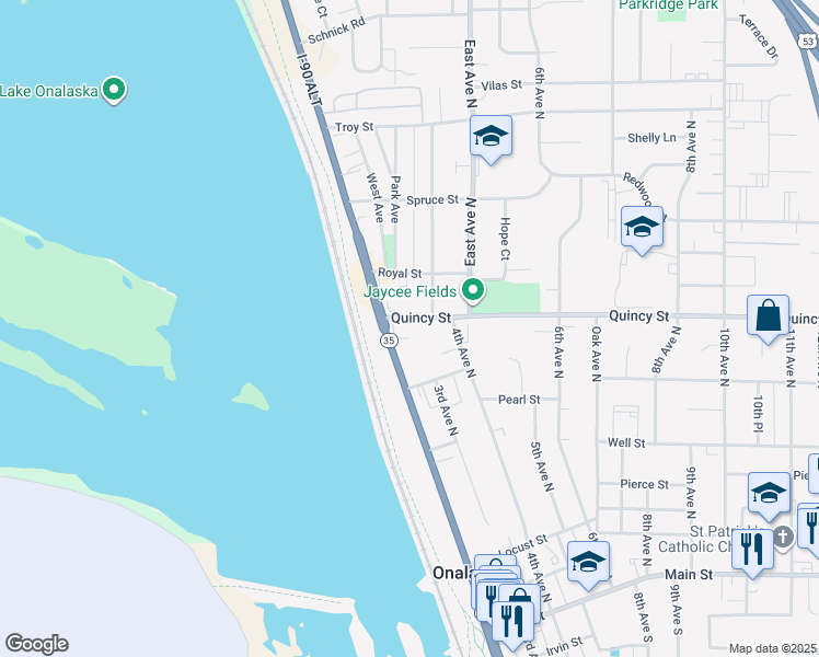 map of restaurants, bars, coffee shops, grocery stores, and more near 210 Quincy Street in Onalaska