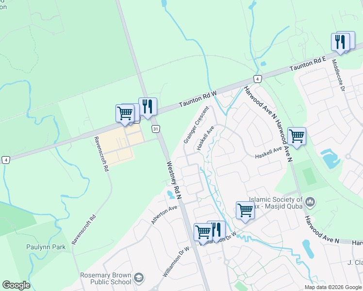 map of restaurants, bars, coffee shops, grocery stores, and more near 14 Grainger Crescent in Ajax
