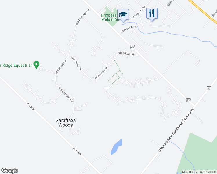map of restaurants, bars, coffee shops, grocery stores, and more near 23 Brookhaven Crescent in East Garafraxa