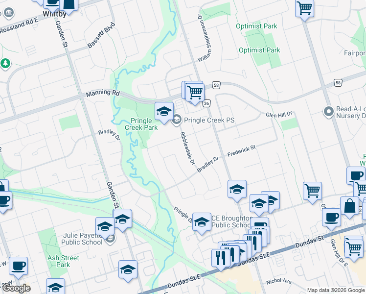 map of restaurants, bars, coffee shops, grocery stores, and more near 24 Ribblesdale Drive in Whitby