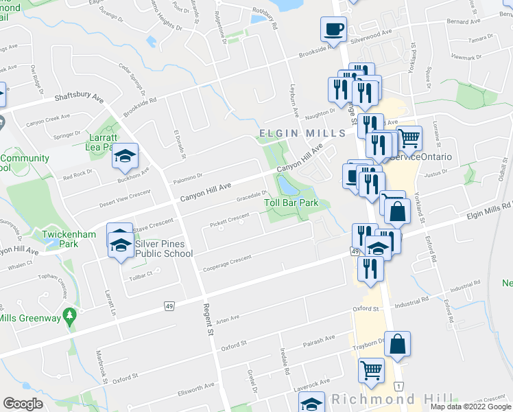 map of restaurants, bars, coffee shops, grocery stores, and more near 58 Pickett Crescent in Richmond Hill