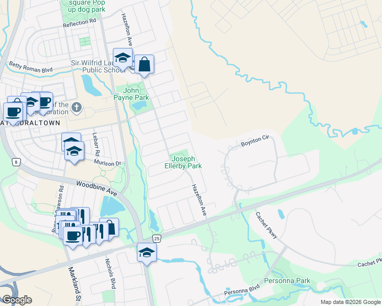 map of restaurants, bars, coffee shops, grocery stores, and more near 48 Adastra Crescent in Markham