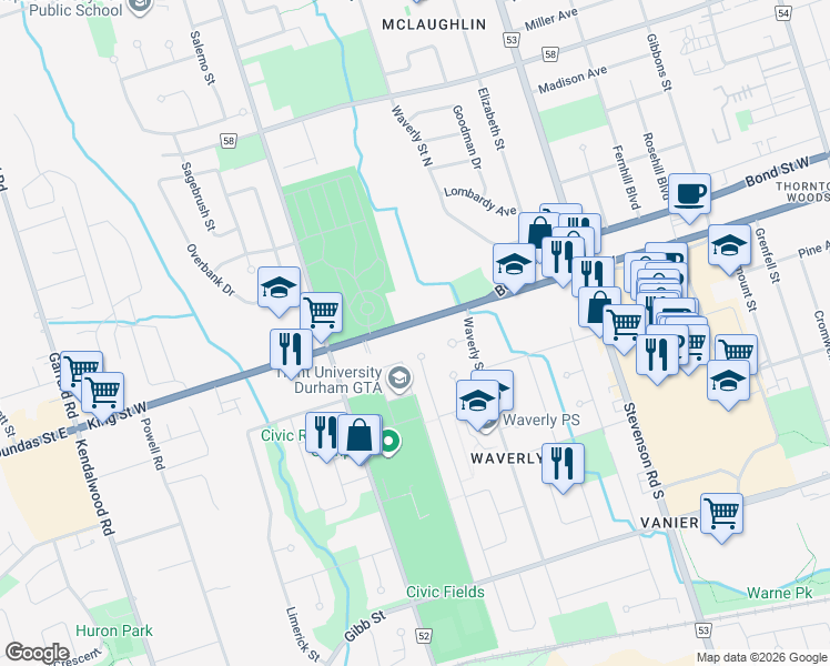 map of restaurants, bars, coffee shops, grocery stores, and more near 717 King Street West in Oshawa