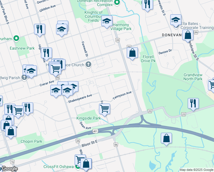 map of restaurants, bars, coffee shops, grocery stores, and more near 719 Chesterton Avenue in Oshawa