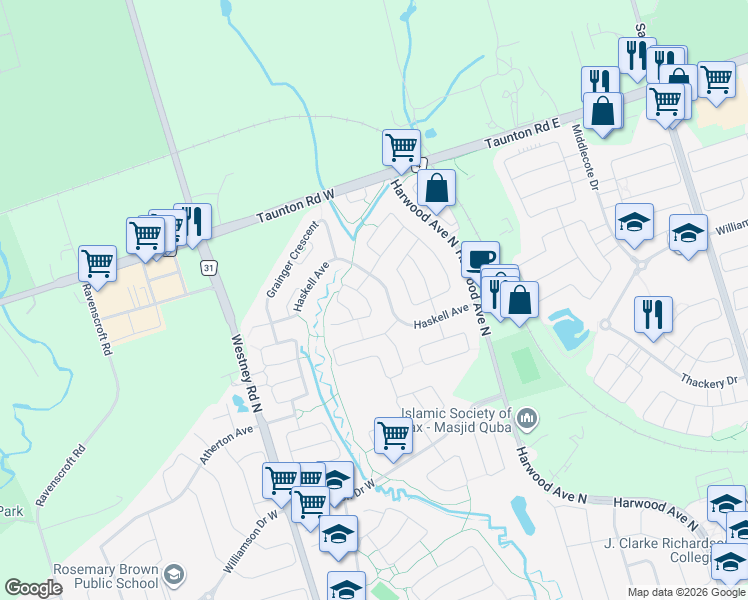 map of restaurants, bars, coffee shops, grocery stores, and more near 32 Shorten Place in Ajax