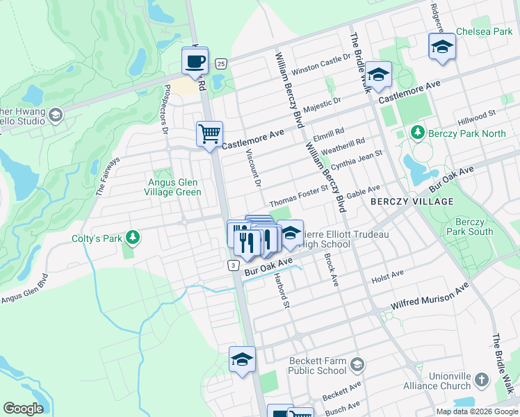 map of restaurants, bars, coffee shops, grocery stores, and more near 15 Thomas Foster Street in Markham