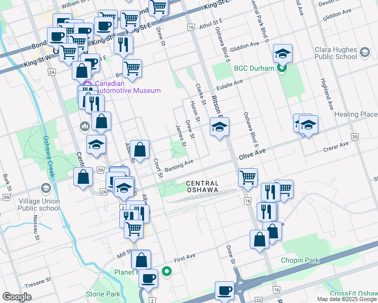 map of restaurants, bars, coffee shops, grocery stores, and more near 295 James Street in Oshawa