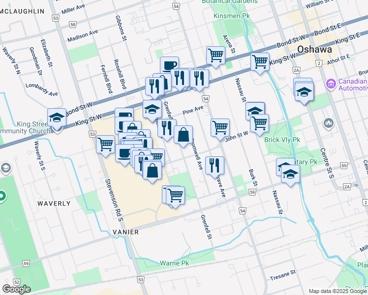 map of restaurants, bars, coffee shops, grocery stores, and more near 129 Grenfell Street in Oshawa