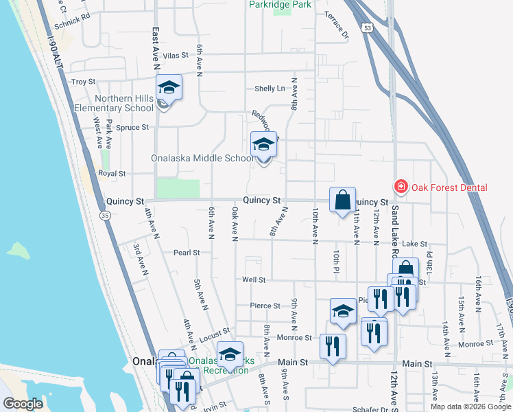 map of restaurants, bars, coffee shops, grocery stores, and more near 700 Quincy Street in Onalaska