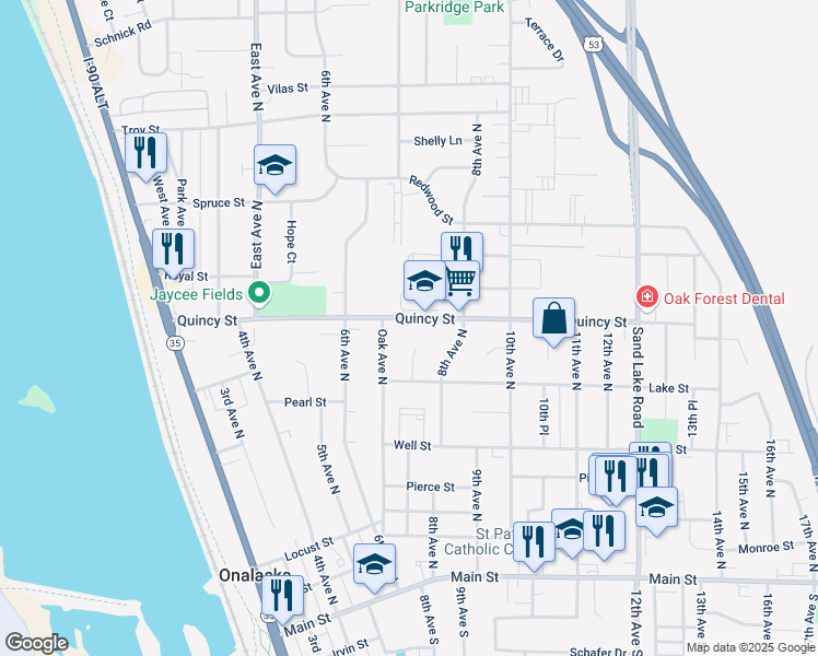 map of restaurants, bars, coffee shops, grocery stores, and more near 700 Quincy Street in Onalaska