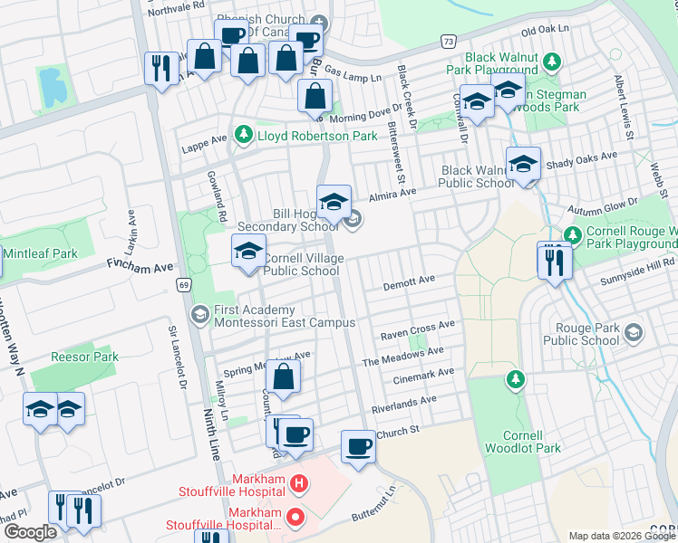 map of restaurants, bars, coffee shops, grocery stores, and more near 2864 Bur Oak Avenue in Markham